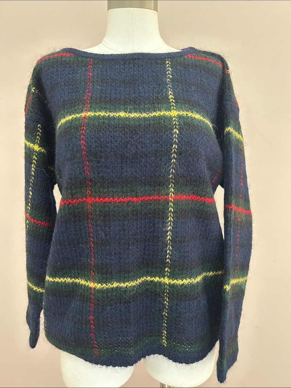 VTG Mohair Jones New York Navy Plaid Crewneck Sweater with Red and Yellow Lines